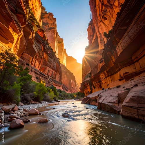Sunset over canyon river landscape formation.