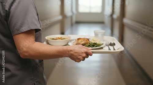 Healthcare worker holding hospital food tray with meal in hallway for patient care
