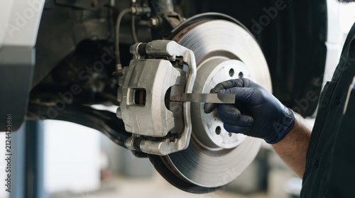 Mechanic measuring car brake pad thickness with a feeler gauge in an auto repair shop