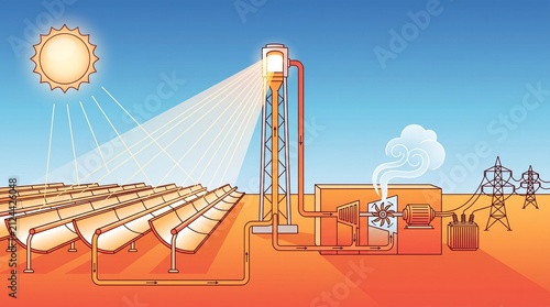 Concentrated Solar Power Plant Illustration Using Parabolic Mirrors and a Central Receiver Tower to Generate Electricity in the Desert
