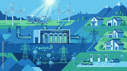 Smart Grid Infrastructure Illustration Showing Renewable Energy Flow From Wind Turbines and Solar Panels to Battery Storage and Residential Homes