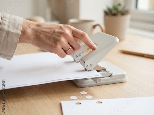 Woman using a paper hole puncher on a desk in an office for administrative work and document organization