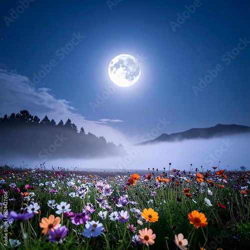 Moonlit Night Wildflowers Foggy Mountain Landscape.