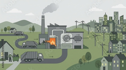 Waste to Energy Power Plant Process Diagram Showing Garbage Collection, Thermal Incineration, Power Generation, and Electricity Distribution to an Urban City