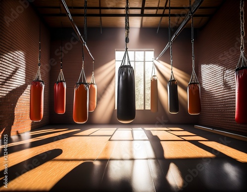boxing punching bags hang in a sunlit gym casting dramatic shadows symbolizing intense combat training and discipline