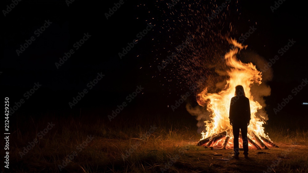 Fototapeta premium Silhouette stands before roaring bonfire, sparks flying against dark night sky.