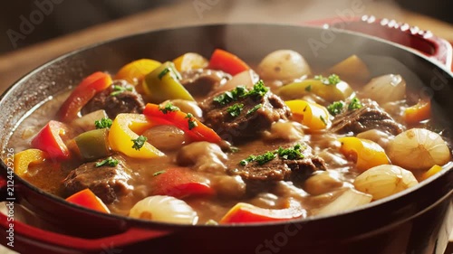 Steaming Cast Iron Pot Of Beef Stew. Suitable for content about home cooking, recipes, comfort food, hearty meals, and culinary blogs.