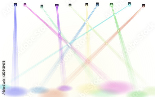 Dynamic colorful light beams on white background with colorful projection spotlight background