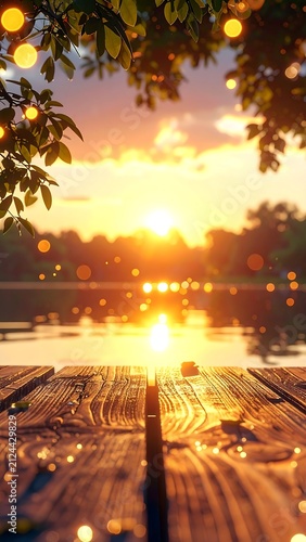 Sunset over wooden dock by lake.