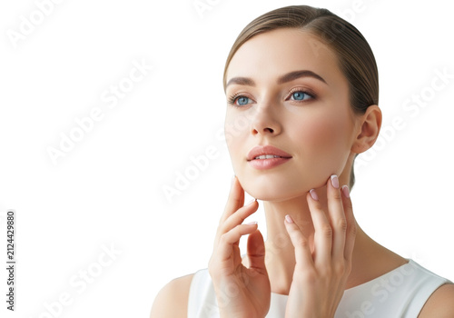 A young caucasian woman with flawless skin and a serene expression touches her neck on a bright background. Concept of beauty and skincare