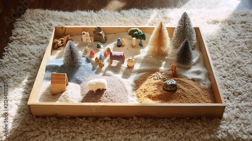 Wooden tray filled with white sand miniature trees figurines and various colored grains
