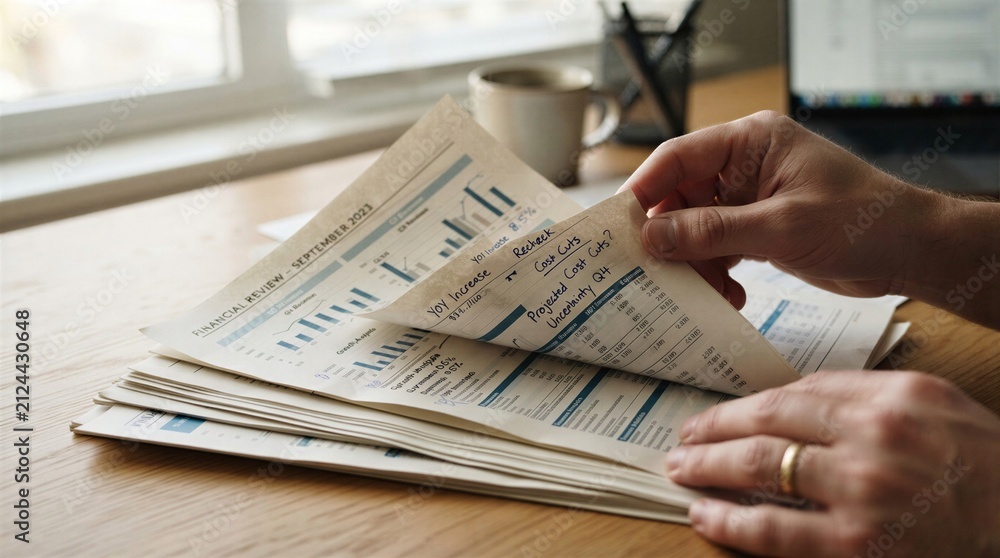 Fototapeta premium Close Up of Hands Reviewing Financial Reports and Business Documents