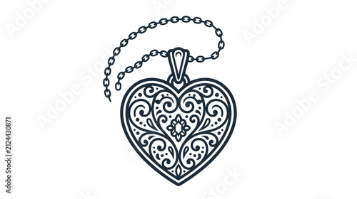 Ornate Heart Locket Pendant with Chain Isolated