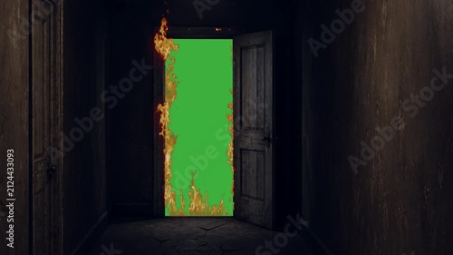 Doorway on fire green screen