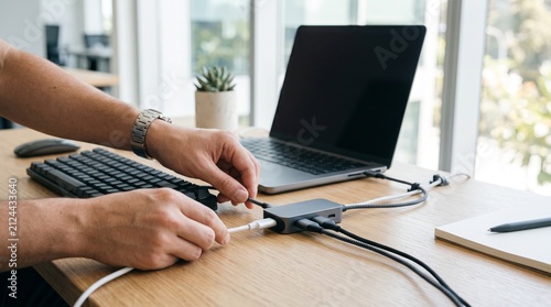 Person connecting cables to a laptop docking station on a wooden desk with a keyboard and mouse