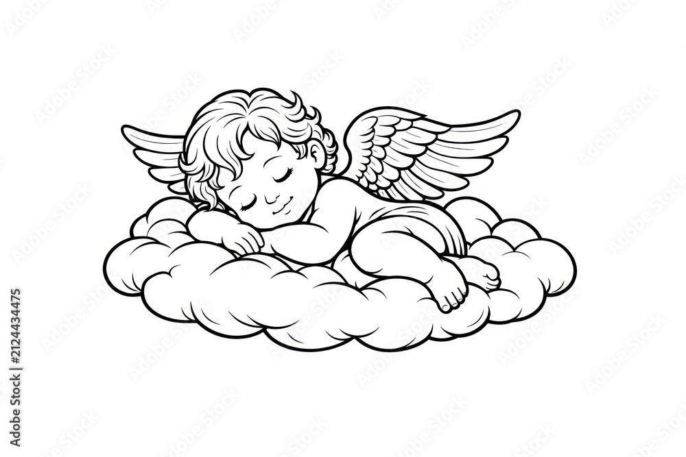 Fototapeta premium Sleeping angel with wings resting on soft clouds
