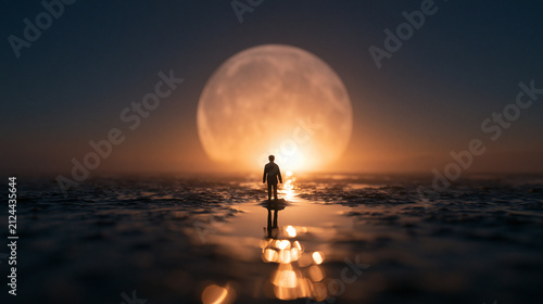 Silhouette Standing Before Giant Glowing Moon at Horizon