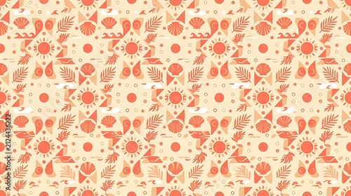 Seamless summer beach pattern with sun shells and tropical leaves