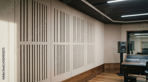  Professional audio room acoustic mineral fiber insulation board texture with seamless vertical linear sound waves absorption slots studio soundproof backdrop copy space
