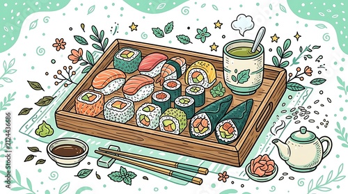 Assorted sushi set on a wooden tray with green tea and ginger