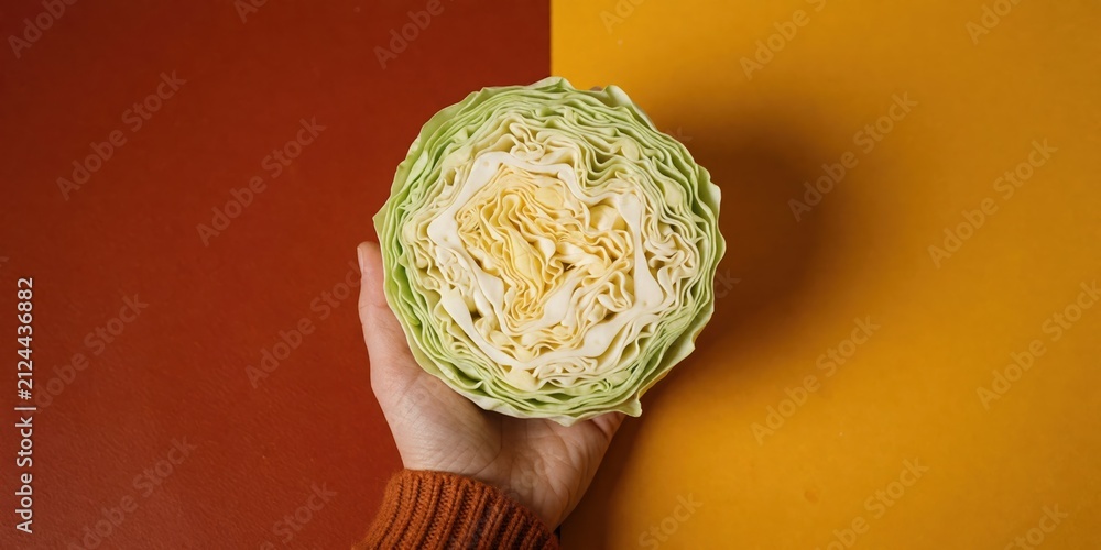 Obraz premium Half of fresh green cabbage held in hand against split red and yellow background representing healthy eating and vegetable nutrition
