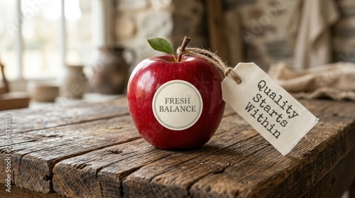 Vibrant red apple rests on a rustic wood table with a fresh balance label and quality starts within tag. Ideal for health food marketing, organic nutrition branding, and premium agricultural product..