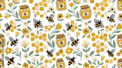 Obraz na plátně Cute Bees and Honey Jars Pattern