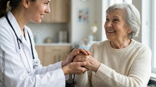 Doctor holding hands of senior patient during clinic consultation representing trust and support in professional elderly healthcare services for retirement home residents in a bright medical facility.