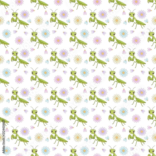Fotografie Cute Green Praying Mantis with Pastel Daisy Flowers Seamless Pattern Hand Drawn
