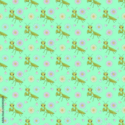 Foto Cute Green Praying Mantis with Pastel Daisy Flowers Seamless Pattern Hand Drawn
