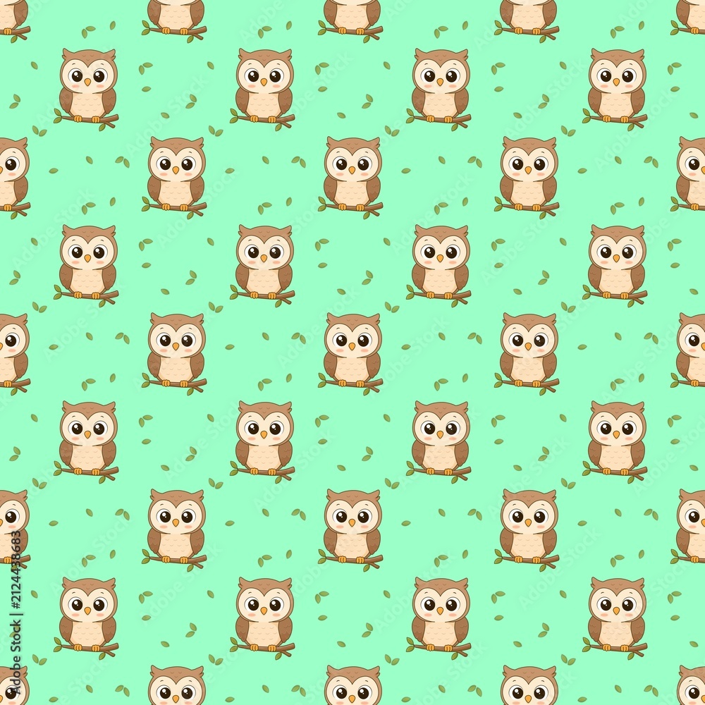 Obraz premium Cute Brown Owl with Scattered Green Leaves Seamless Pattern Hand Drawn Watercolor Illustration