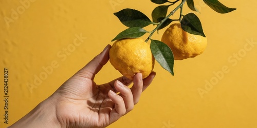 Hand holding fresh ripe yuzu citrus fruit with green leaves on a vibrant yellow background representing autumn harvest and organic skincare ingredients