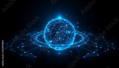 Futuristic Digital Network Sphere with Glowing Global Connections and AI Technology Background