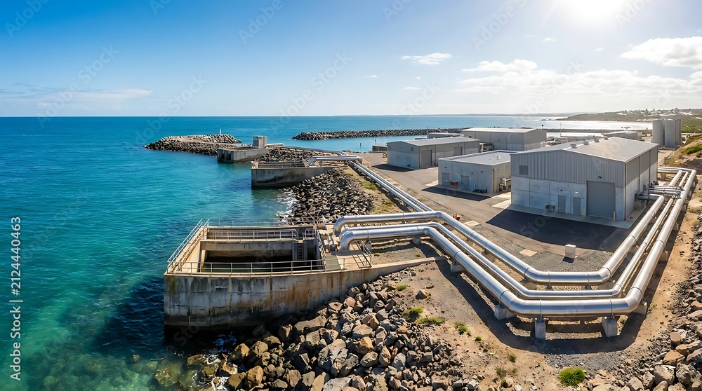 Naklejka premium Coastal industrial infrastructure with extensive pipelines and buildings by the ocean, vital for water management and resource processing
