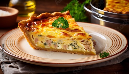 close up of a savory slice of quiche lorraine with a golden crust and rich filling