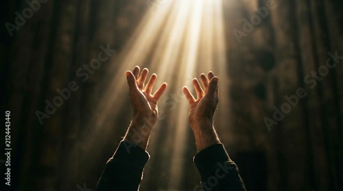 Hands Reaching Upwards into Divine Light Rays, Symbolizing Hope, Prayer, and Spiritual Connection
