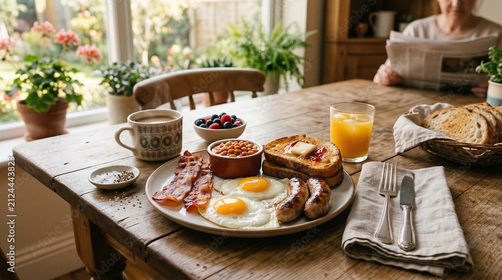 Fototapeta premium Delicious Full English Breakfast on a Rustic Wooden Table with Natural Light