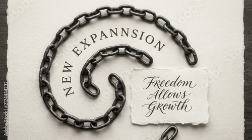 Heavy metal chain links in a spiral pattern encircle typography saying new expansion and a small note with freedom allows growth text, depicting a conceptual theme of breaking boundaries