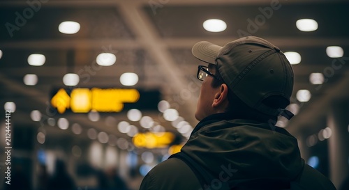 Passenger looking at departure board at airport during busy daytime with bokeh crowd