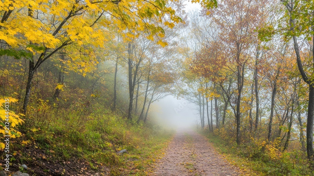 Fototapeta premium A path through a misty autumn forest.