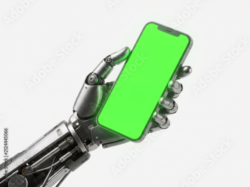 Robotic mechanical hand holding a smartphone with a blank green screen for mockup purposes.
