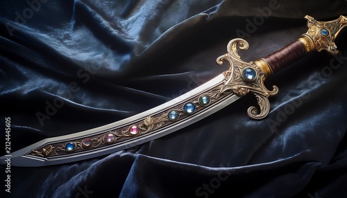 an ornate curved sword with a gem encrusted scabbard on dark velvet