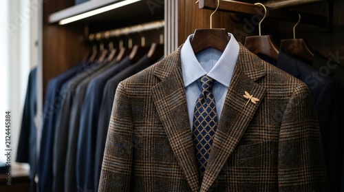 Elegant brown plaid suit jacket with a dragonfly pin hanging in a luxury closet showcasing sophisticated bespoke menswear for professional business executives and high class formal event attire today