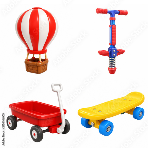 Collection of 3D toys isolated on white: hot air balloon, pogo stick, red wagon, and yellow skateboard.