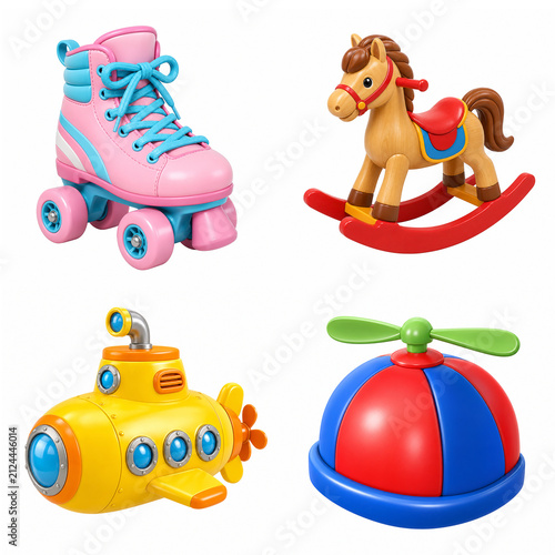 Set of classic children's toys in 3D rendering: roller skates, rocking horse, submarine, and helicopter.