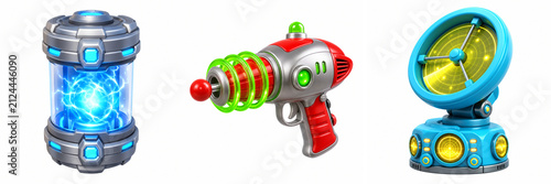 Retro toy space laser gun in silver, red, and green colors, isolated on a pure white background.