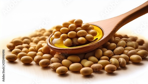 soybean oil beans and wooden spoon