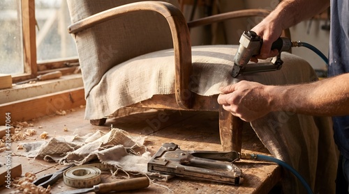A craftsman uses a staple gun to reupholster an armchair in a workshop with tools and fabric scattered on a wooden bench.