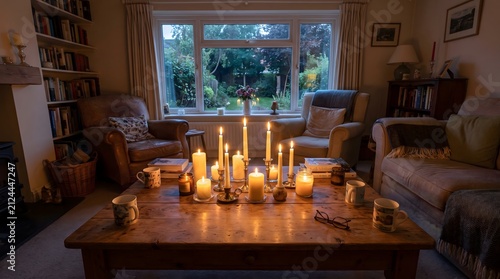 A cozy living room at dusk is illuminated by numerous candles on a coffee table, with a fireplace and a window view of a garden.