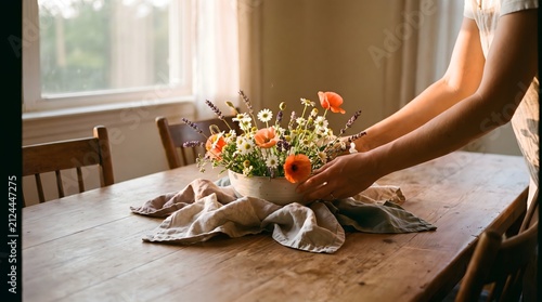 A person's hands arrange a charming bowl of wildflowers and poppies on a rustic wooden table in a sunlit room.